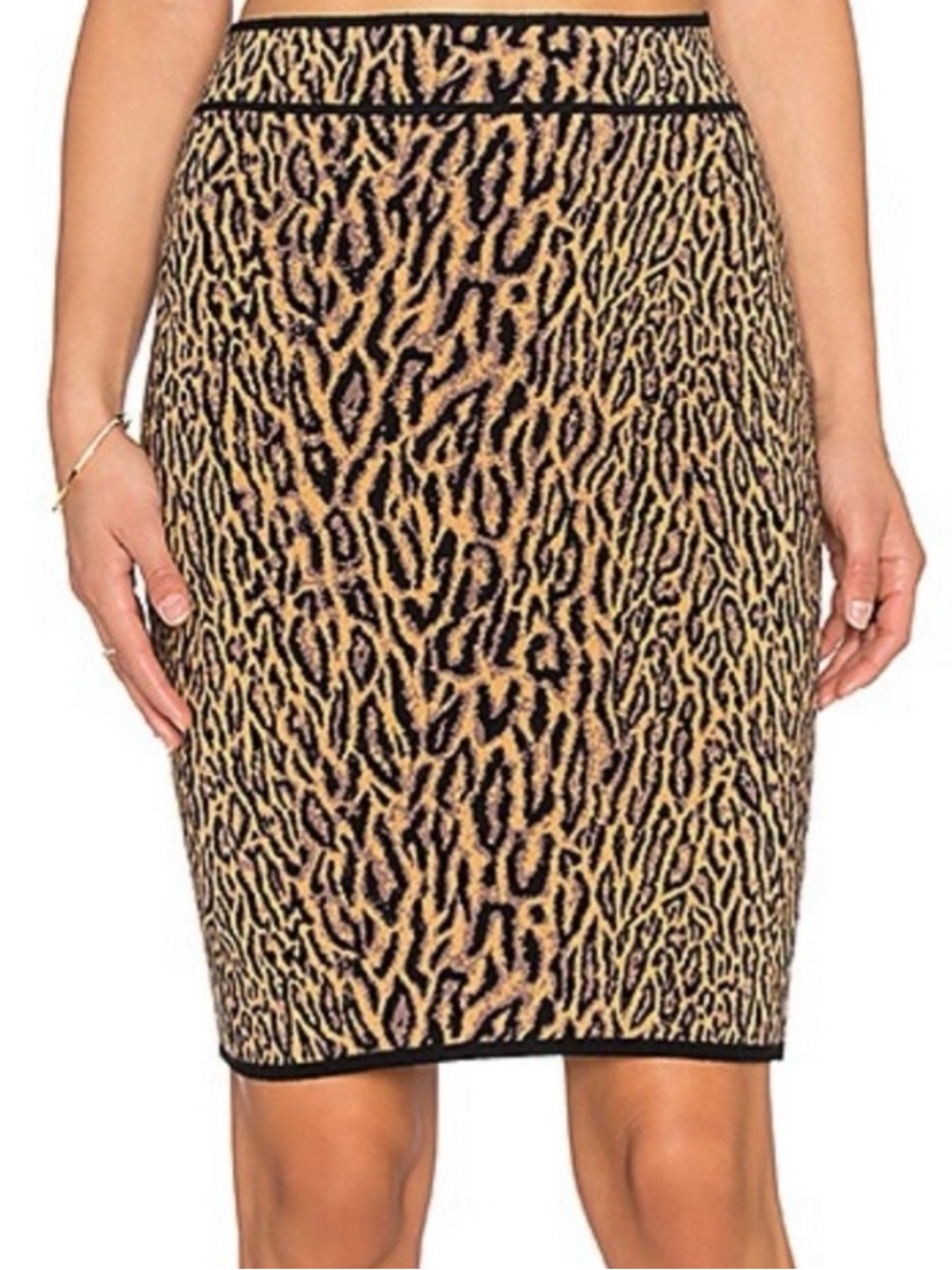 BCBGMaxAzria Leopard Print Stretch Knit Pencil Skirt in Tan and Black